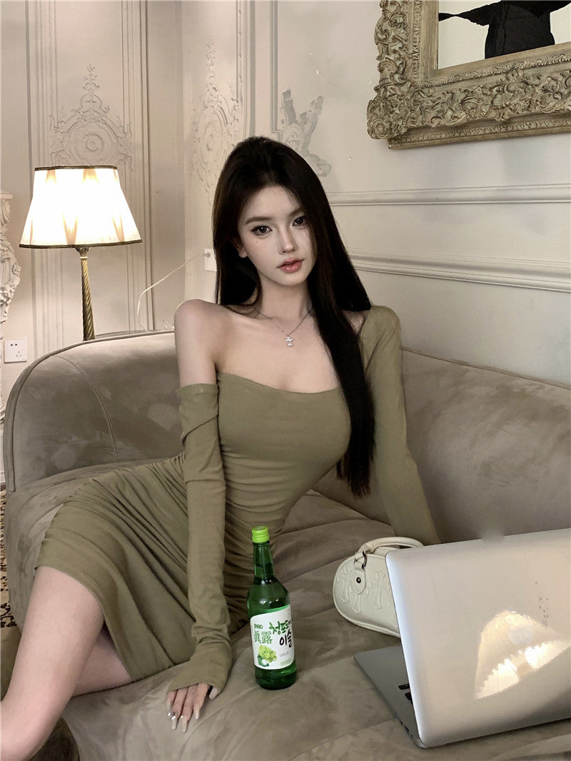 Vintage One-Shoulder Bodycon Mini Skirt Gen Z Hot Girls Clubwear Asymmetric Long Sleeve Ruched Short Dress AP1650