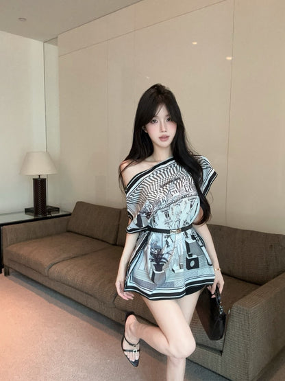 Vogue Asymmetric Neckline Abstract Pattern Print Mini Skirt Y2K Style Date Night Cinched-Waist With Belt Short Dress AP1652