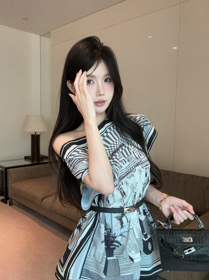 Vogue Asymmetric Neckline Abstract Pattern Print Mini Skirt Y2K Style Date Night Cinched-Waist With Belt Short Dress AP1652