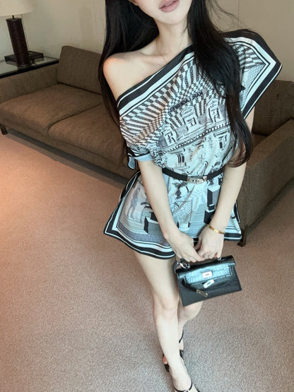 Vogue Asymmetric Neckline Abstract Pattern Print Mini Skirt Y2K Style Date Night Cinched-Waist With Belt Short Dress AP1652