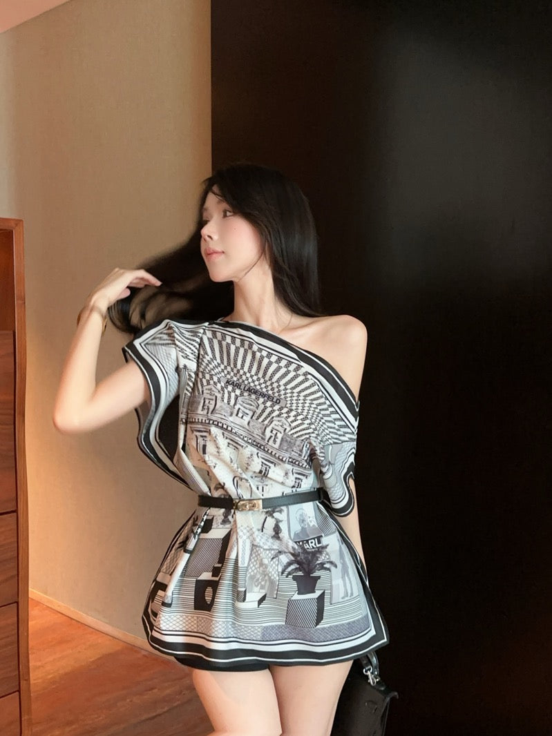 Vogue Asymmetric Neckline Abstract Pattern Print Mini Skirt Y2K Style Date Night Cinched-Waist With Belt Short Dress AP1652