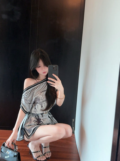 Vogue Asymmetric Neckline Abstract Pattern Print Mini Skirt Y2K Style Date Night Cinched-Waist With Belt Short Dress AP1652