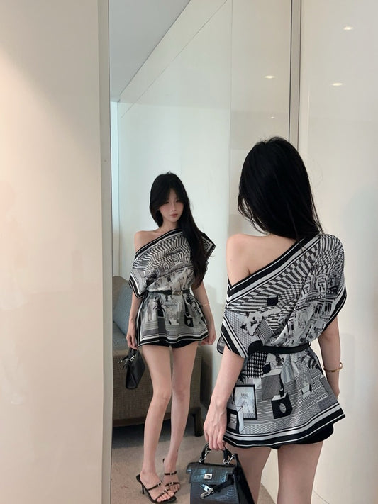 Vogue Asymmetric Neckline Abstract Pattern Print Mini Skirt Y2K Style Date Night Cinched-Waist With Belt Short Dress AP1652