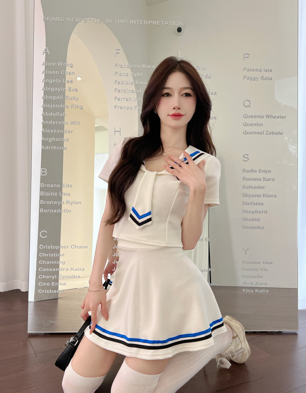 Academic Style Two-Piece Set Color Block Mini Skirt Charming Bow Tie Sailor Uniform Short Sleeve Short Dress AP1653