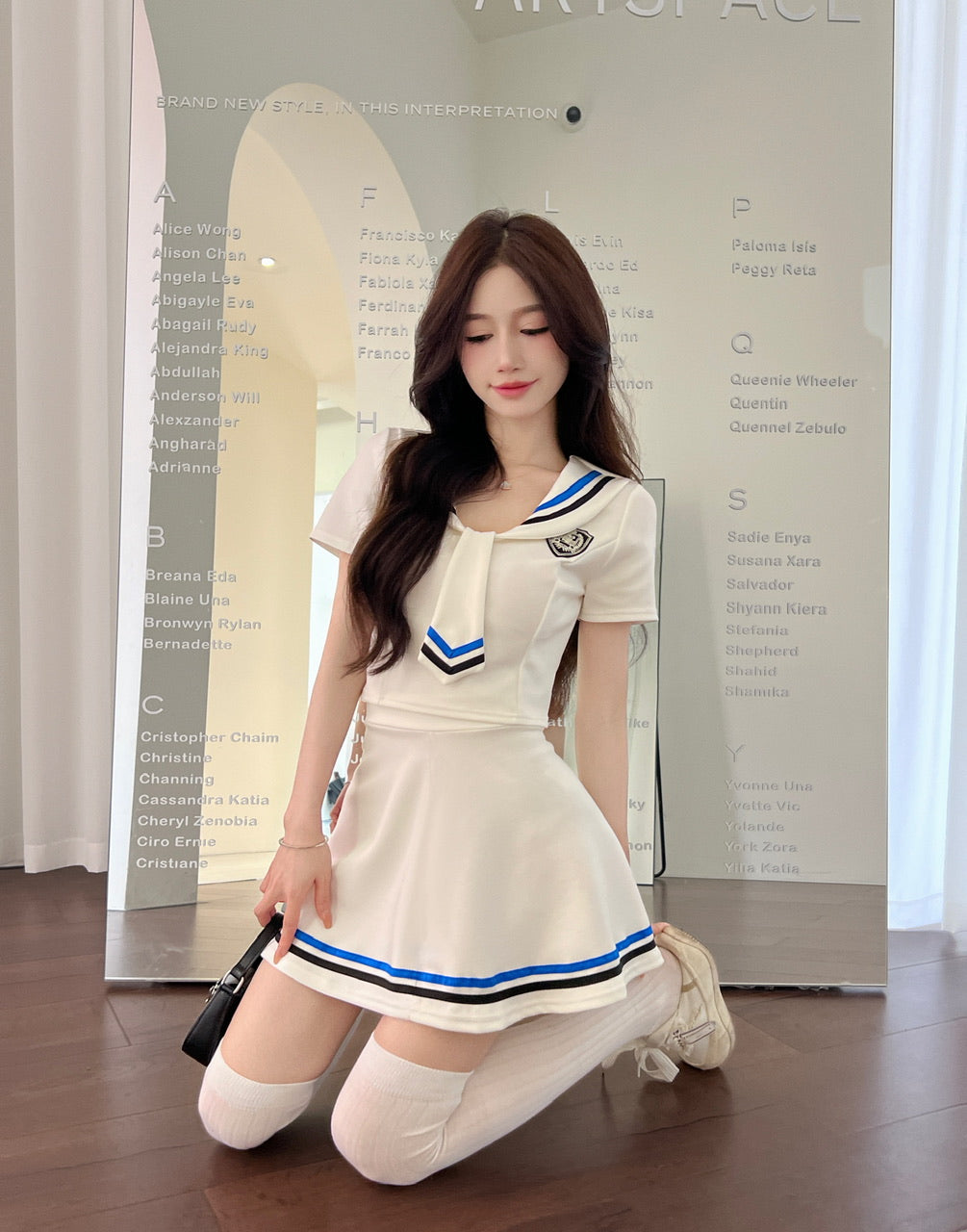 Academic Style Two-Piece Set Color Block Mini Skirt Charming Bow Tie Sailor Uniform Short Sleeve Short Dress AP1653