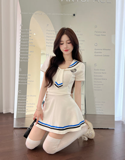 Academic Style Two-Piece Set Color Block Mini Skirt Charming Bow Tie Sailor Uniform Short Sleeve Short Dress AP1653