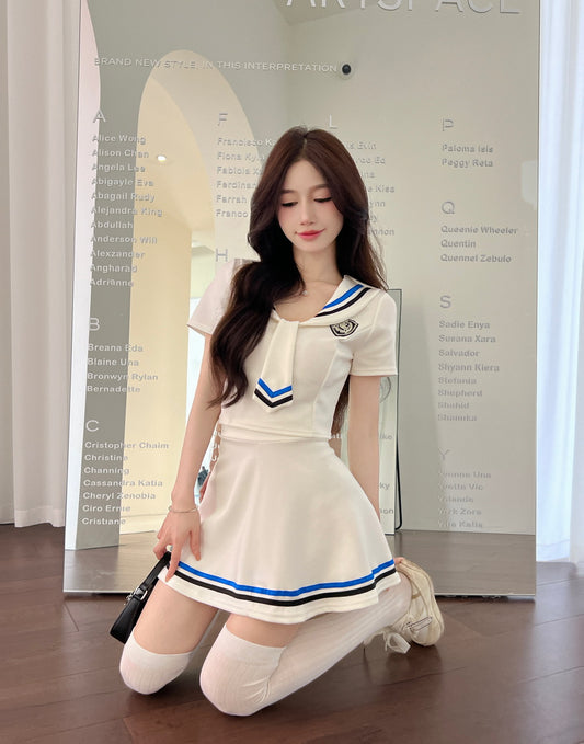 Academic Style Two-Piece Set Color Block Mini Skirt Charming Bow Tie Sailor Uniform Short Sleeve Short Dress AP1653