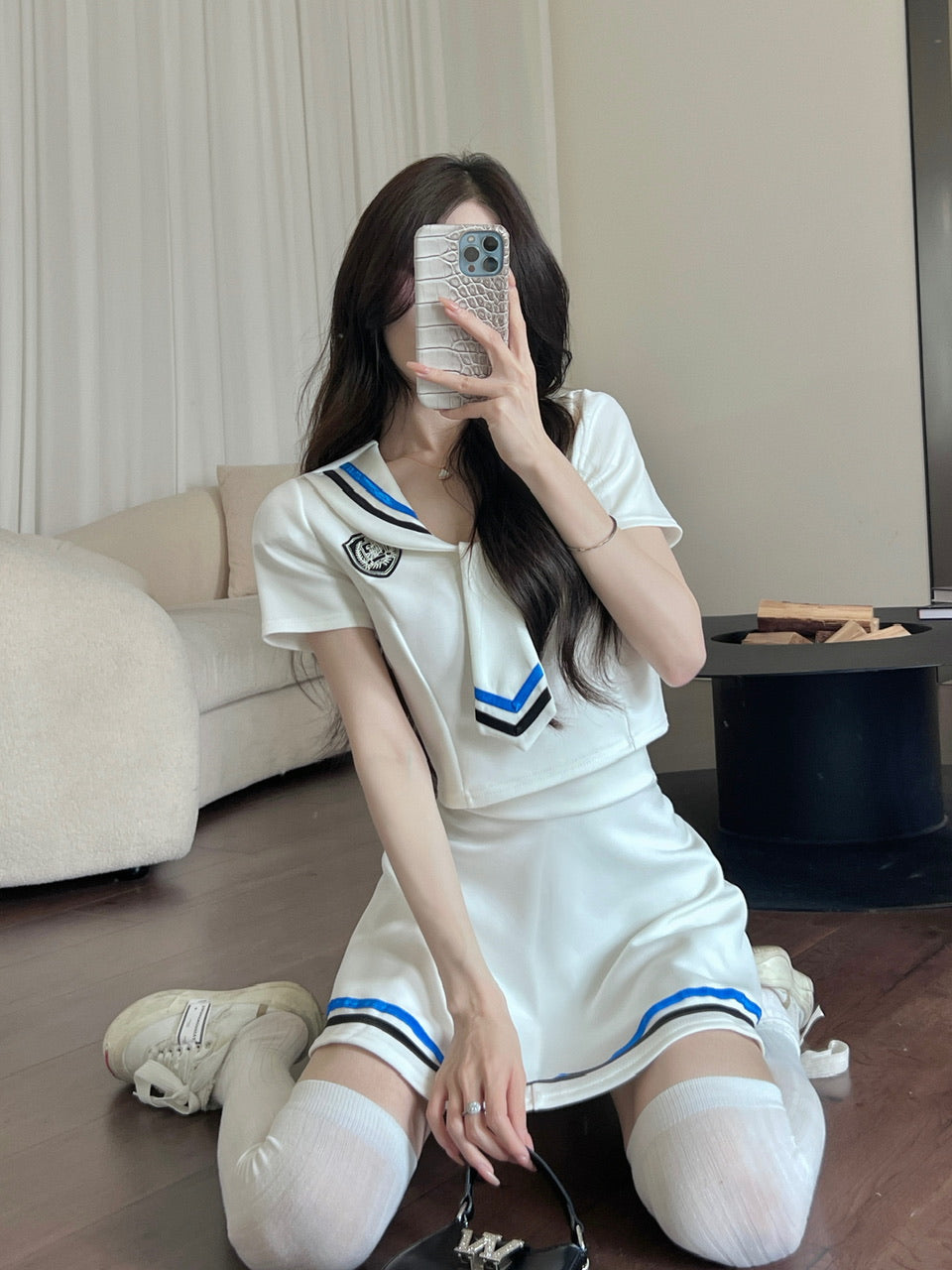 Academic Style Two-Piece Set Color Block Mini Skirt Charming Bow Tie Sailor Uniform Short Sleeve Short Dress AP1653