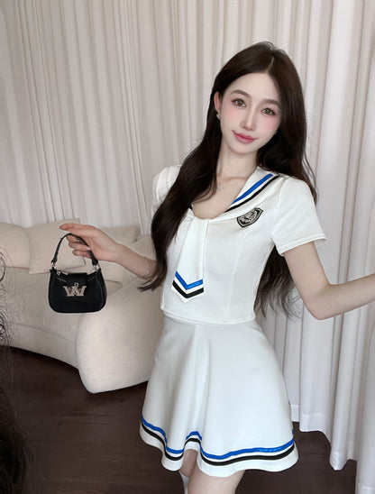 Academic Style Two-Piece Set Color Block Mini Skirt Charming Bow Tie Sailor Uniform Short Sleeve Short Dress AP1653