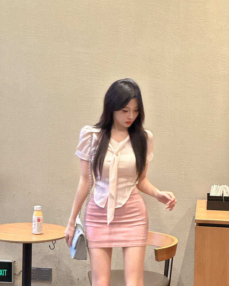 Graceful Pink Top Two-Piece Set Mini Skirt  Everyday Wear Office-Ready Tie-Front Top Bodycon Short Dress AP1655