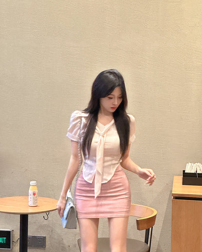 Graceful Pink Top Two-Piece Set Mini Skirt  Everyday Wear Office-Ready Tie-Front Top Bodycon Short Dress AP1655