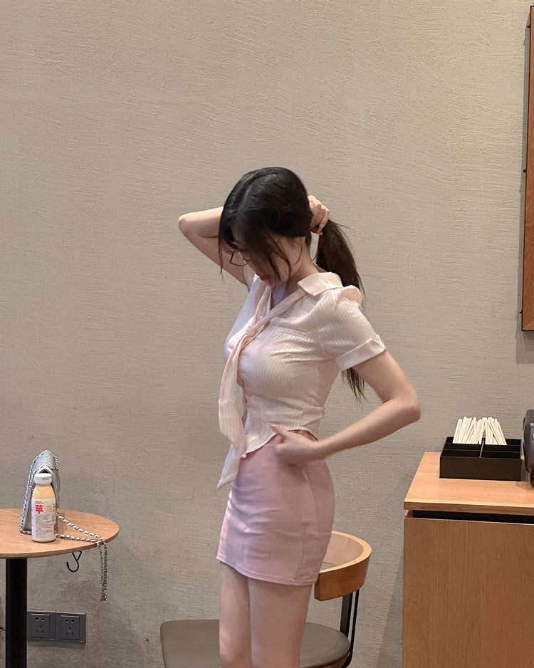 Graceful Pink Top Two-Piece Set Mini Skirt  Everyday Wear Office-Ready Tie-Front Top Bodycon Short Dress AP1655