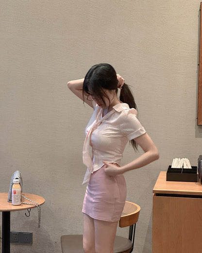 Graceful Pink Top Two-Piece Set Mini Skirt  Everyday Wear Office-Ready Tie-Front Top Bodycon Short Dress AP1655