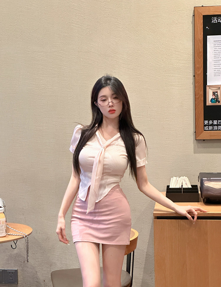 Graceful Pink Top Two-Piece Set Mini Skirt  Everyday Wear Office-Ready Tie-Front Top Bodycon Short Dress AP1655
