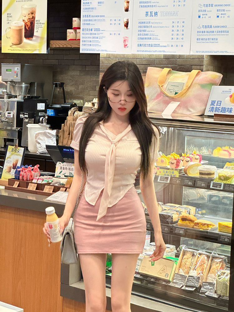 Graceful Pink Top Two-Piece Set Mini Skirt  Everyday Wear Office-Ready Tie-Front Top Bodycon Short Dress AP1655