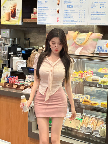 Graceful Pink Top Two-Piece Set Mini Skirt  Everyday Wear Office-Ready Tie-Front Top Bodycon Short Dress AP1655