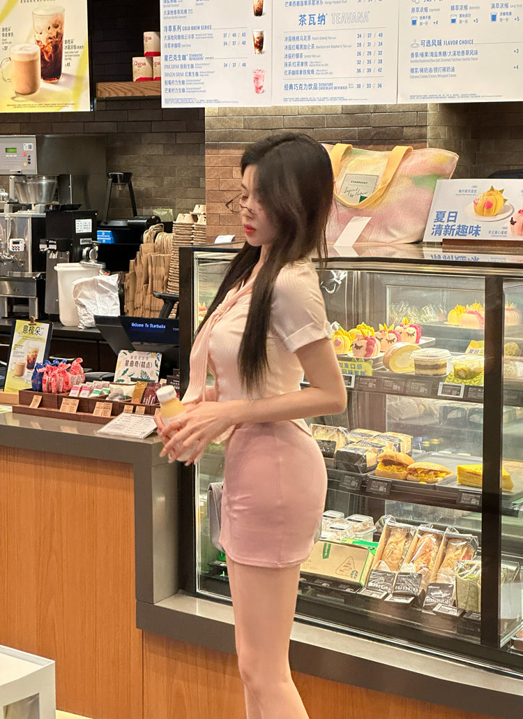 Graceful Pink Top Two-Piece Set Mini Skirt  Everyday Wear Office-Ready Tie-Front Top Bodycon Short Dress AP1655