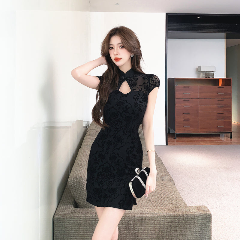 Charming Sild Slit Black Lace Overlay Mini Skirt Clubwear Short Sleeve Hollow-Out Bodycon Applique Short Dress AP1656