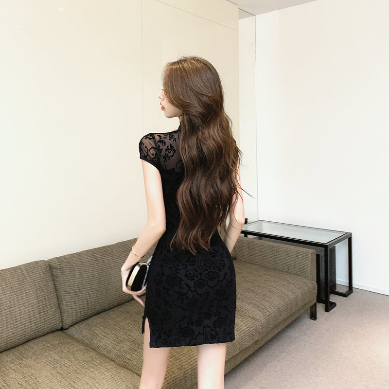 Charming Sild Slit Black Lace Overlay Mini Skirt Clubwear Short Sleeve Hollow-Out Bodycon Applique Short Dress AP1656