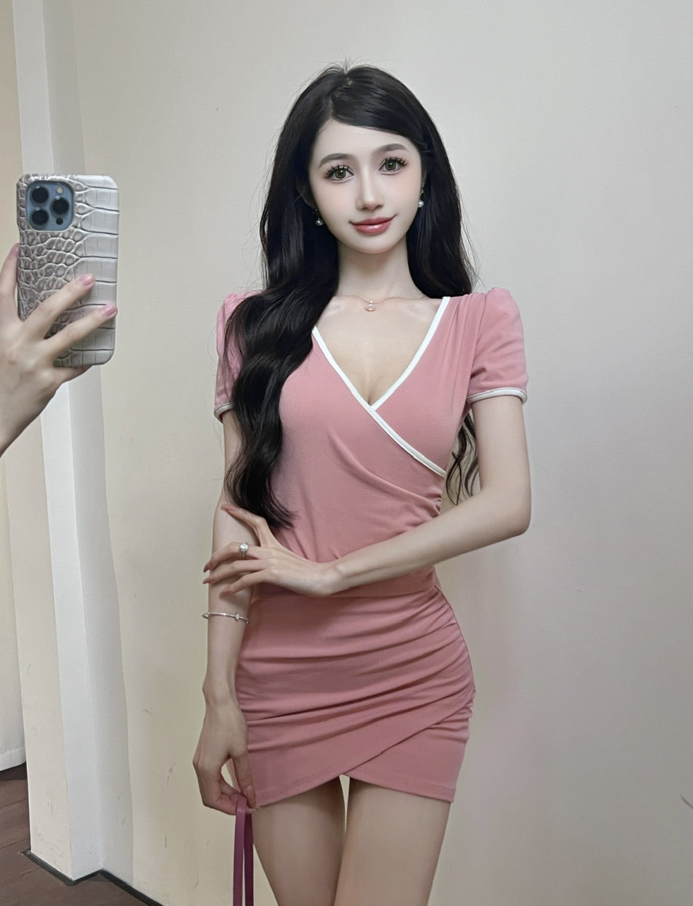 Alluring White Trim Pink Bodycon Mini Skirt  Cute V-Neck Short Sleeve Parties Outfit Asymmetric Hem Short Dress AP1657