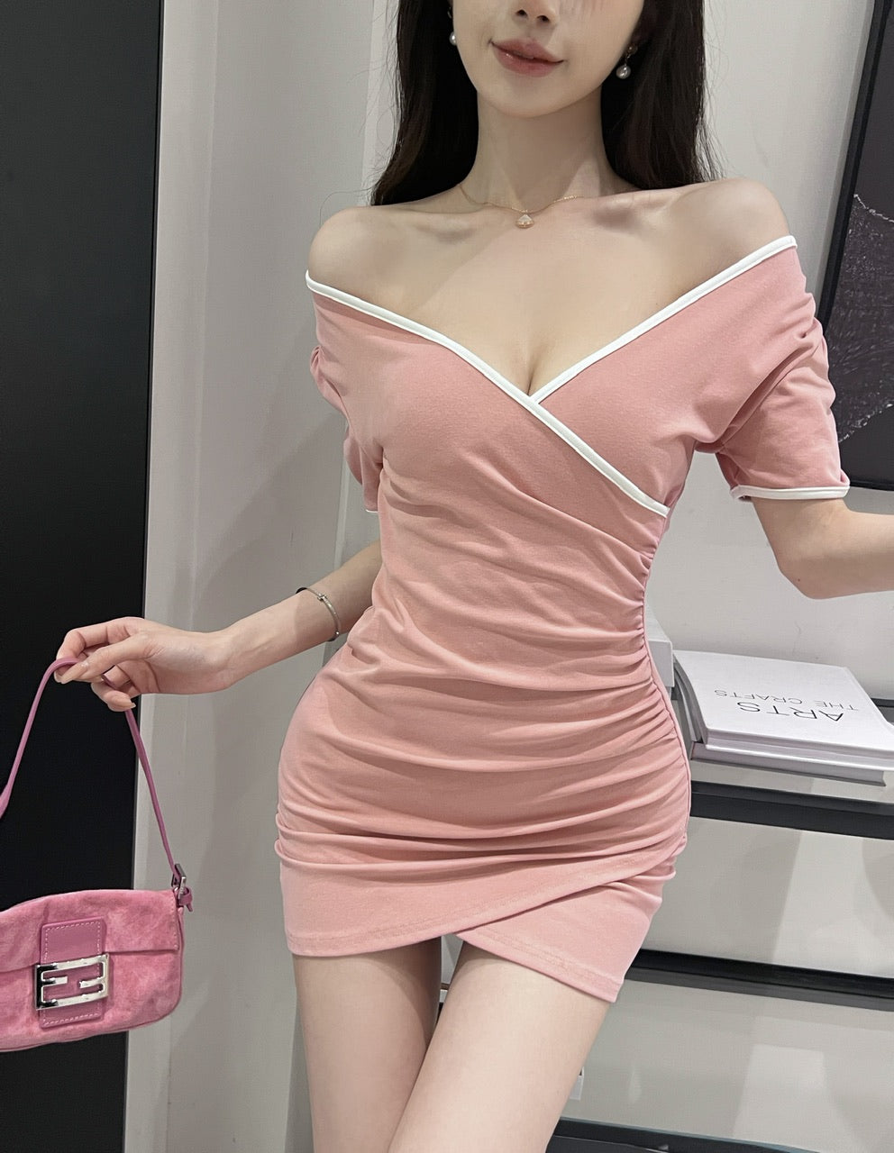 Alluring White Trim Pink Bodycon Mini Skirt  Cute V-Neck Short Sleeve Parties Outfit Asymmetric Hem Short Dress AP1657