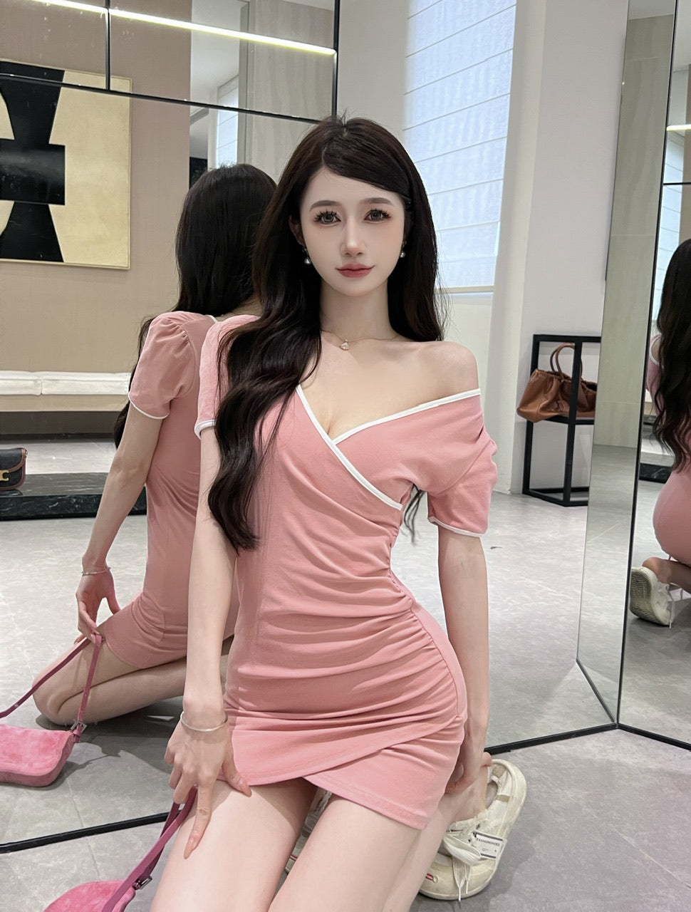 Alluring White Trim Pink Bodycon Mini Skirt  Cute V-Neck Short Sleeve Parties Outfit Asymmetric Hem Short Dress AP1657