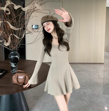 New Tendency Beige Knit V-Neck Mini Skirt Everyday Wear A-Line Flared Sleeve Bodycon Short Dress AP1658