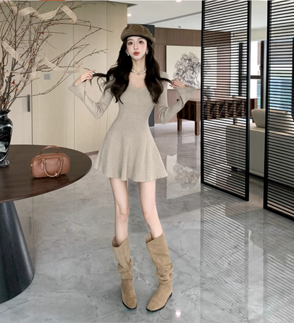 New Tendency Beige Knit V-Neck Mini Skirt Everyday Wear A-Line Flared Sleeve Bodycon Short Dress AP1658