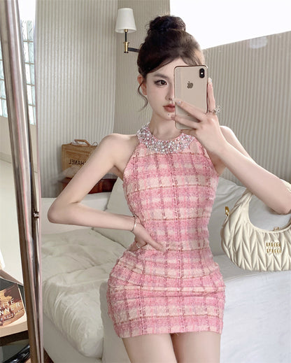 Exquisite Pink Plaid Tweed Mini Skirt Chic Beading Neck Bodycon Evening Outfit Halter Short Dress AP1659