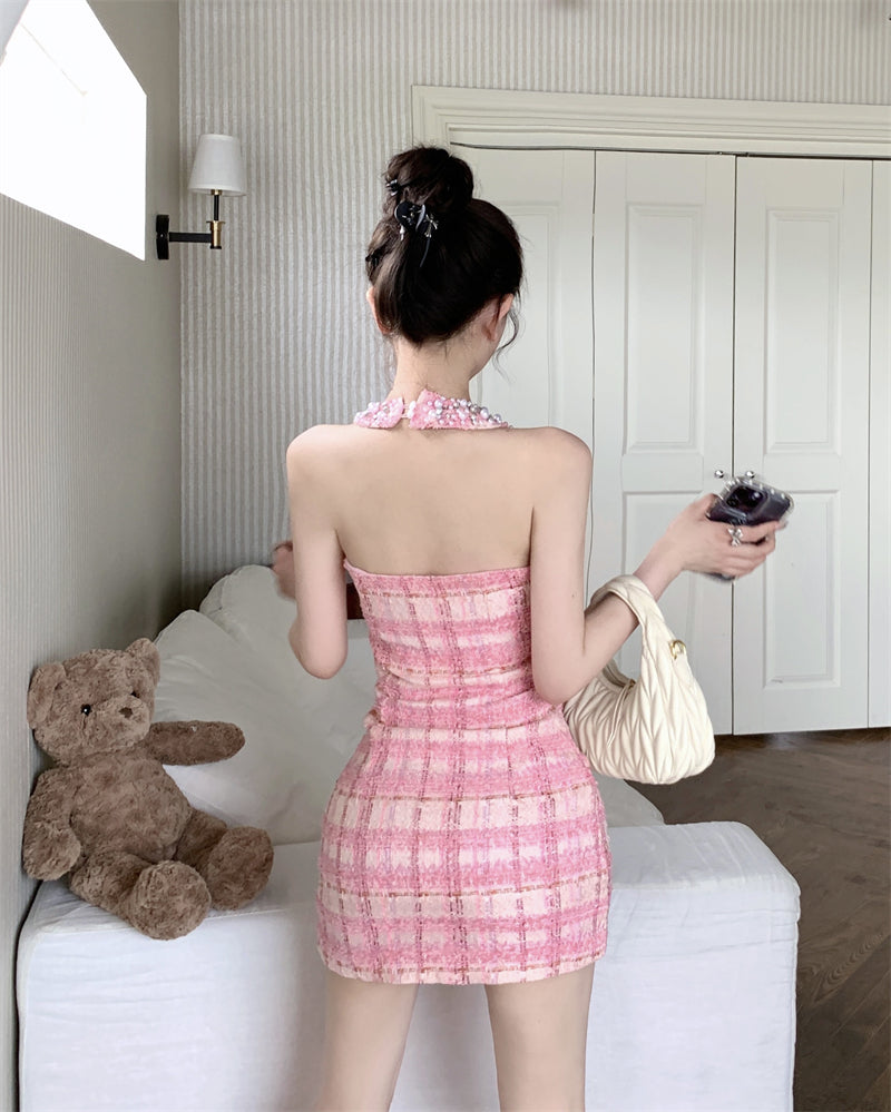 Exquisite Pink Plaid Tweed Mini Skirt Chic Beading Neck Bodycon Evening Outfit Halter Short Dress AP1659