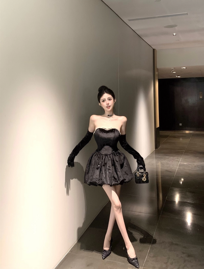 Luxurious Strapless Black Velvet Detachable Sleeve Mini Dress Charming Glittering Sequins Design Evening Outfit Beading Neckline Short Dress AP1660