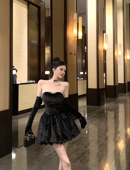 Luxurious Strapless Black Velvet Detachable Sleeve Mini Dress Charming Glittering Sequins Design Evening Outfit Beading Neckline Short Dress AP1660