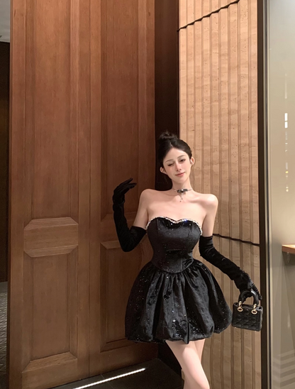 Luxurious Strapless Black Velvet Detachable Sleeve Mini Dress Charming Glittering Sequins Design Evening Outfit Beading Neckline Short Dress AP1660