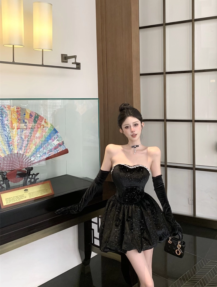 Luxurious Strapless Black Velvet Detachable Sleeve Mini Dress Charming Glittering Sequins Design Evening Outfit Beading Neckline Short Dress AP1660