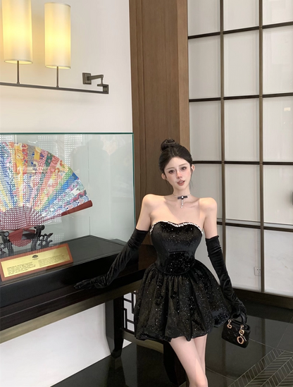 Luxurious Strapless Black Velvet Detachable Sleeve Mini Dress Charming Glittering Sequins Design Evening Outfit Beading Neckline Short Dress AP1660
