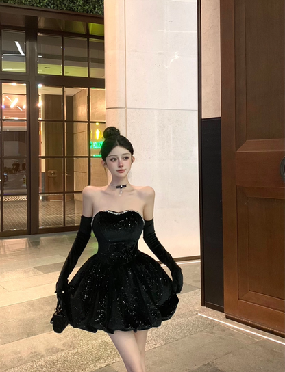Luxurious Strapless Black Velvet Detachable Sleeve Mini Dress Charming Glittering Sequins Design Evening Outfit Beading Neckline Short Dress AP1660