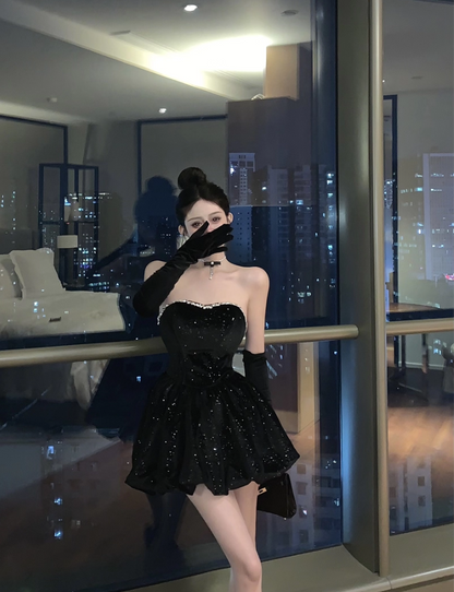Luxurious Strapless Black Velvet Detachable Sleeve Mini Dress Charming Glittering Sequins Design Evening Outfit Beading Neckline Short Dress AP1660