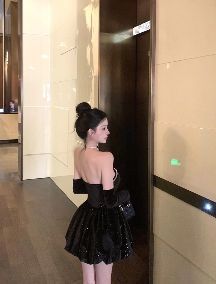 Luxurious Strapless Black Velvet Detachable Sleeve Mini Dress Charming Glittering Sequins Design Evening Outfit Beading Neckline Short Dress AP1660