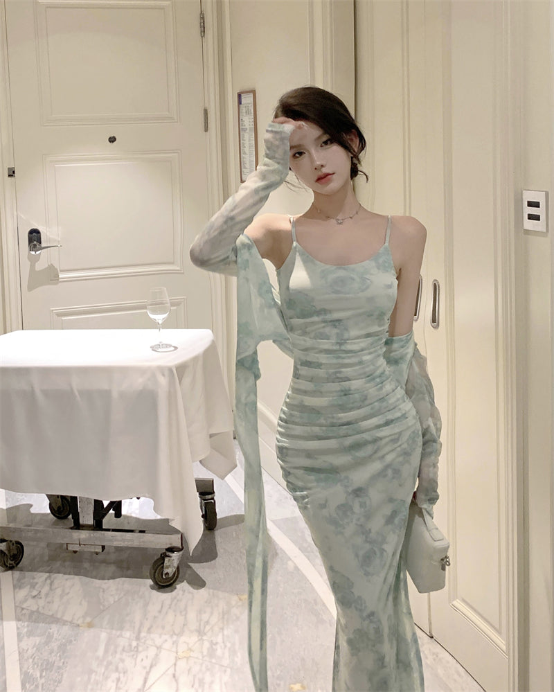 Novelty Blue-Green Watercolor Print 2-Piece Set Maxi Skirt Vintage Long Sleeve Sheer Mesh Cardigan Long Dress AP1661