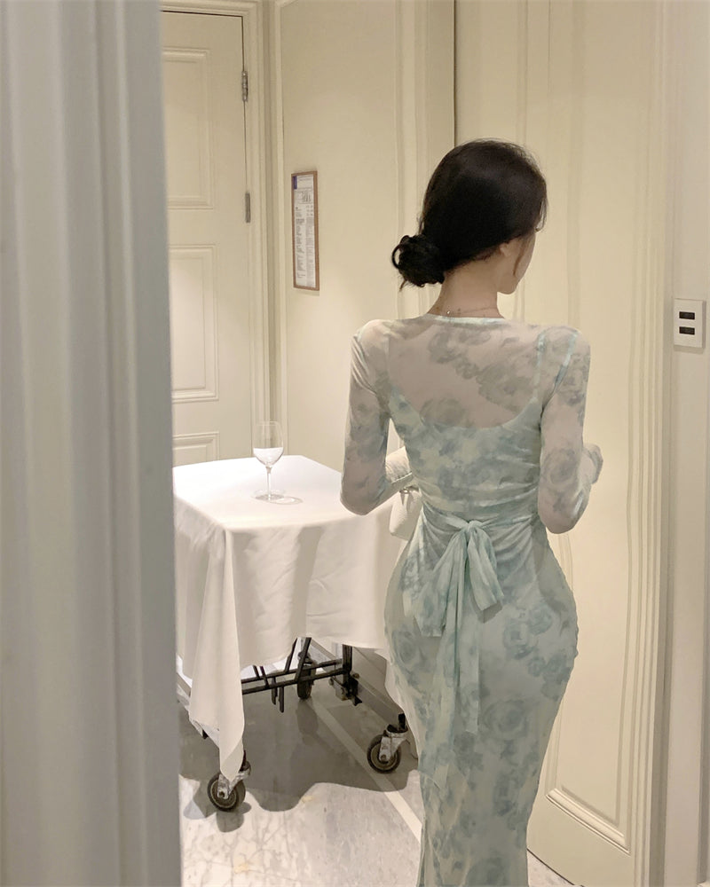 Novelty Blue-Green Watercolor Print 2-Piece Set Maxi Skirt Vintage Long Sleeve Sheer Mesh Cardigan Long Dress AP1661