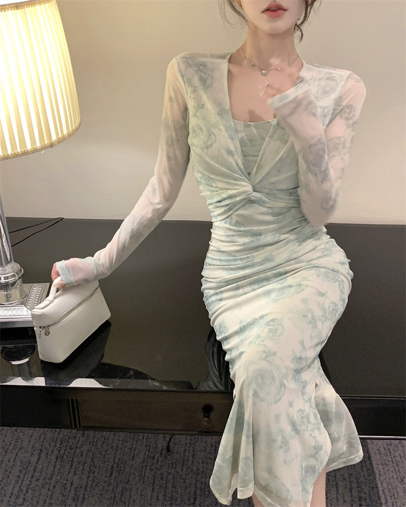 Novelty Blue-Green Watercolor Print 2-Piece Set Maxi Skirt Vintage Long Sleeve Sheer Mesh Cardigan Long Dress AP1661