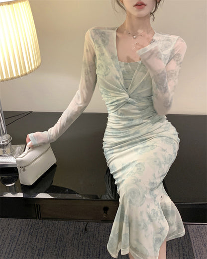 Novelty Blue-Green Watercolor Print 2-Piece Set Maxi Skirt Vintage Long Sleeve Sheer Mesh Cardigan Long Dress AP1661