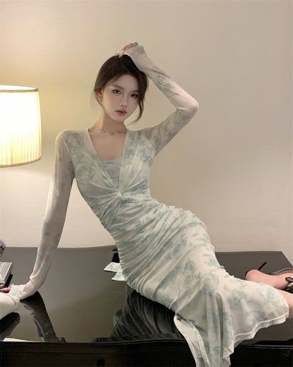 Novelty Blue-Green Watercolor Print 2-Piece Set Maxi Skirt Vintage Long Sleeve Sheer Mesh Cardigan Long Dress AP1661