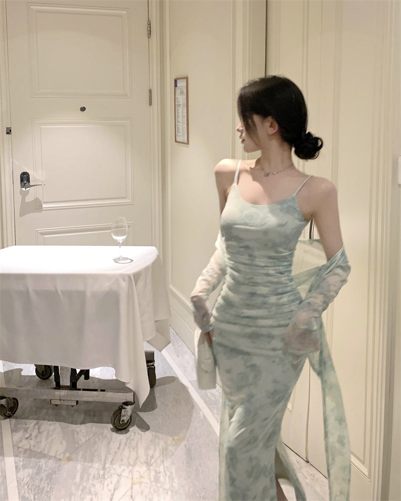 Novelty Blue-Green Watercolor Print 2-Piece Set Maxi Skirt Vintage Long Sleeve Sheer Mesh Cardigan Long Dress AP1661