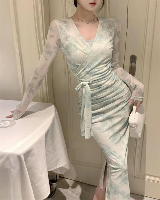 Novelty Blue-Green Watercolor Print 2-Piece Set Maxi Skirt Vintage Long Sleeve Sheer Mesh Cardigan Long Dress AP1661