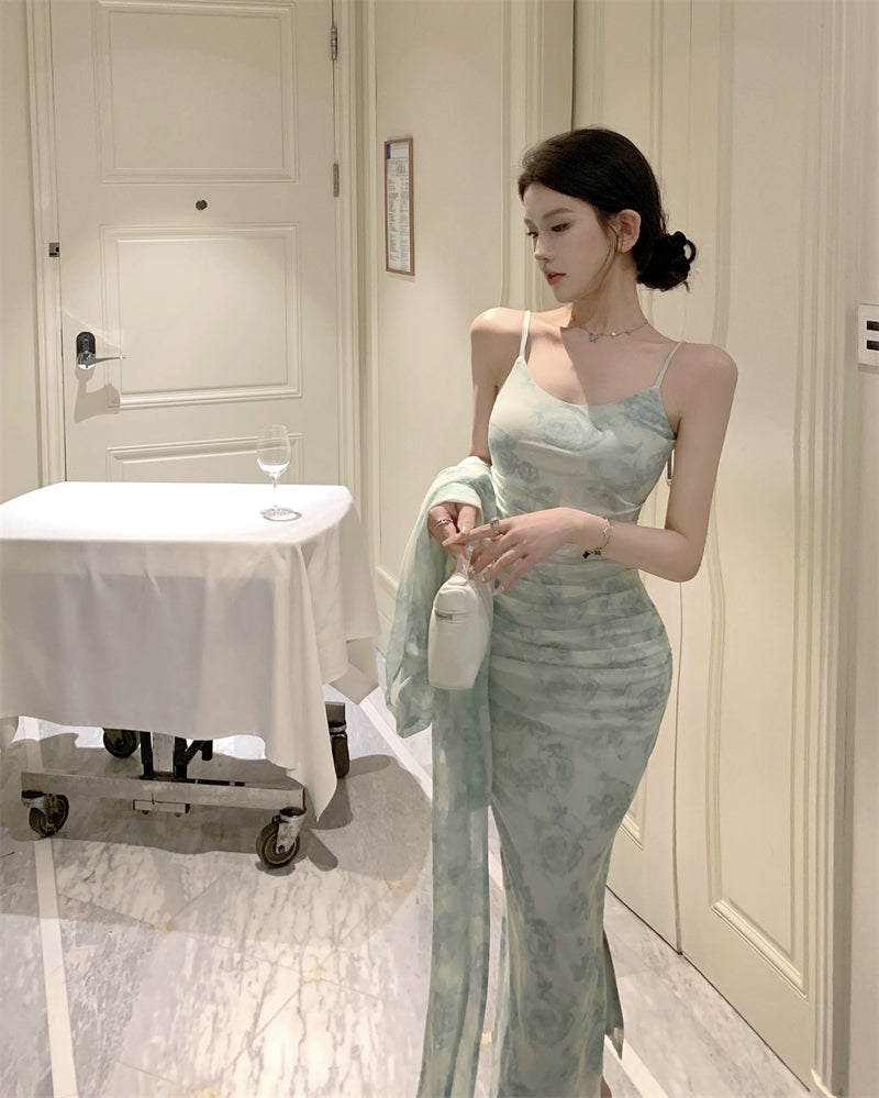 Novelty Blue-Green Watercolor Print 2-Piece Set Maxi Skirt Vintage Long Sleeve Sheer Mesh Cardigan Long Dress AP1661