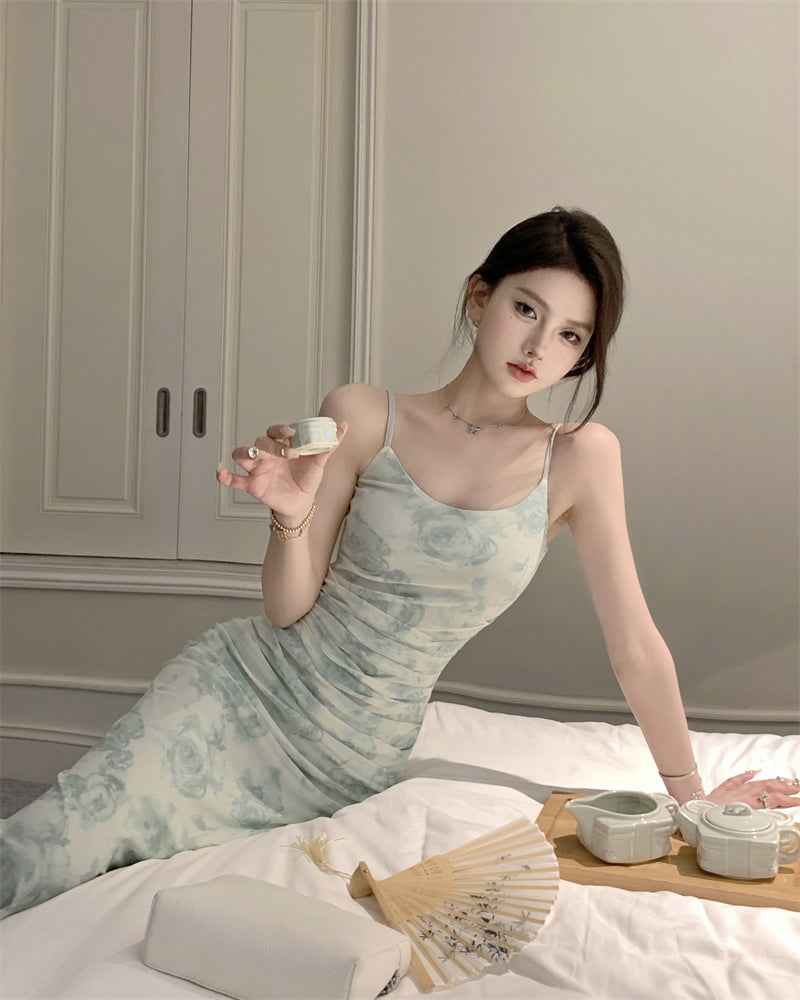 Novelty Blue-Green Watercolor Print 2-Piece Set Maxi Skirt Vintage Long Sleeve Sheer Mesh Cardigan Long Dress AP1661