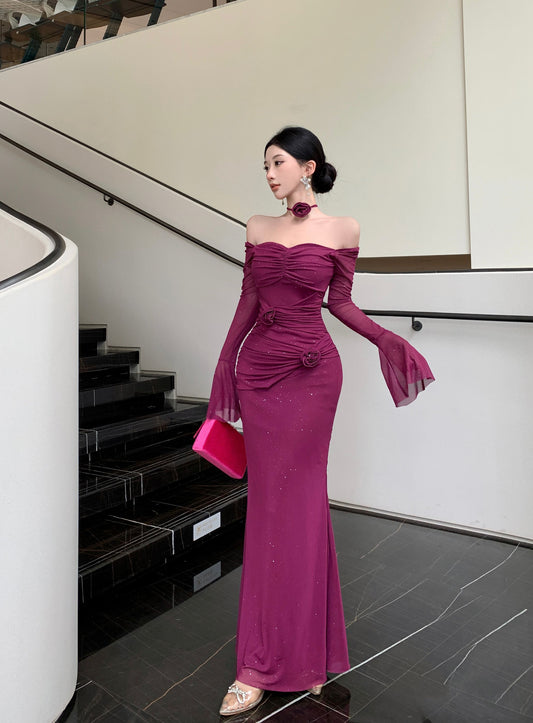 Charming Plum Sheer Mesh Mermaid Maxi Skirt Vintage Long Bell Sleeve Square Neck Ruched 3D Rose Glittering Sequins Long Dress AP1662