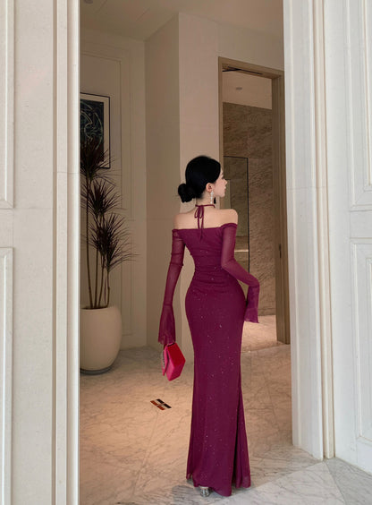 Charming Plum Sheer Mesh Mermaid Maxi Skirt Vintage Long Bell Sleeve Square Neck Ruched 3D Rose Glittering Sequins Long Dress AP1662