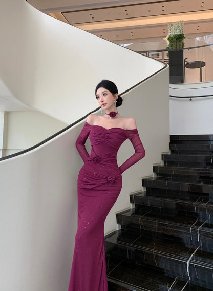 Charming Plum Sheer Mesh Mermaid Maxi Skirt Vintage Long Bell Sleeve Square Neck Ruched 3D Rose Glittering Sequins Long Dress AP1662